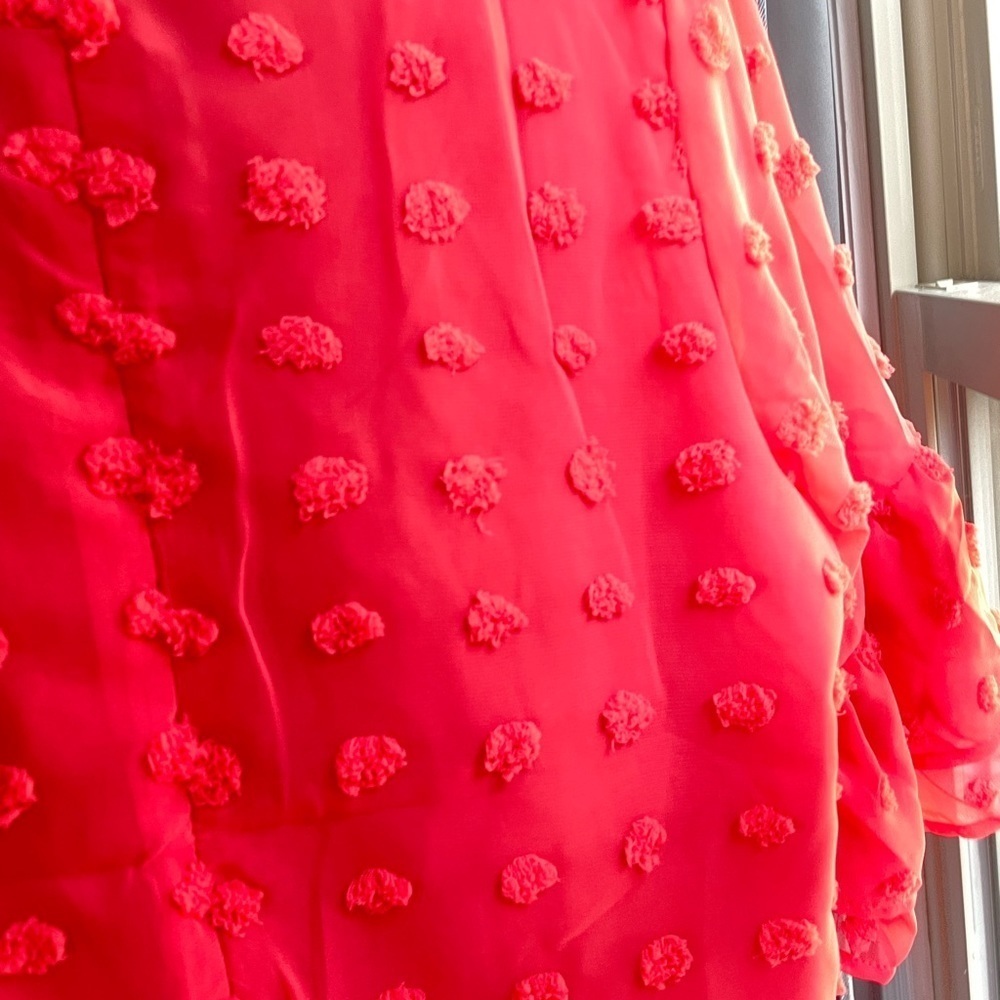 NEW Belongsci Bright Coral Swiss Dot Ruffle Sleeve Mini Dress Size Large - Picture 9 of 16